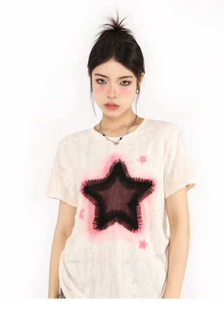 Distressed printed drawstring top