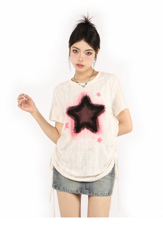 Distressed printed drawstring top
