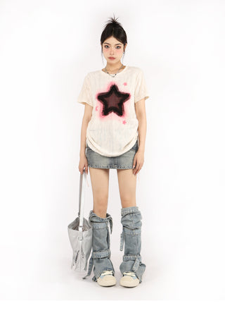 Distressed printed drawstring top