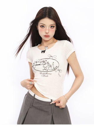 Butterfly Print Slim Lace Top