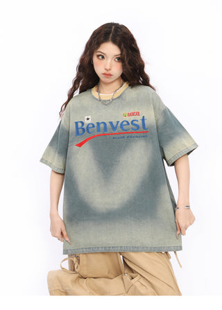 Letter Embroidered denim T-shirt