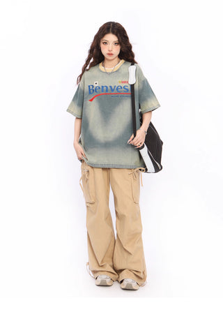 Letter Embroidered denim T-shirt