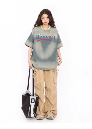 Letter Embroidered denim T-shirt