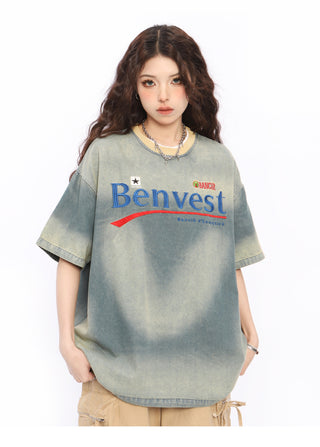 Letter Embroidered denim T-shirt