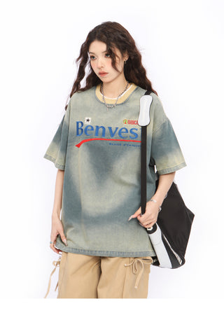 Letter Embroidered denim T-shirt