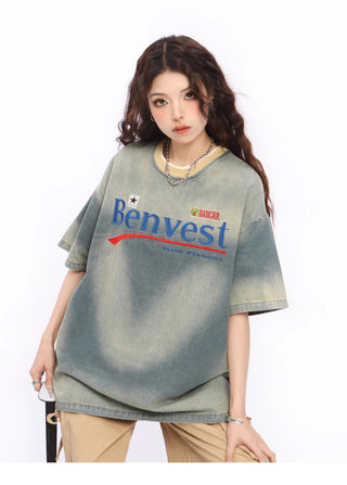 Letter Embroidered denim T-shirt