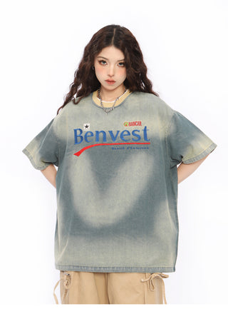 Letter Embroidered denim T-shirt