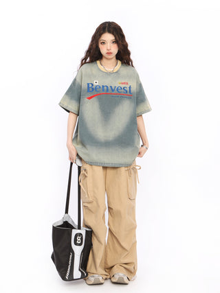 Letter Embroidered denim T-shirt