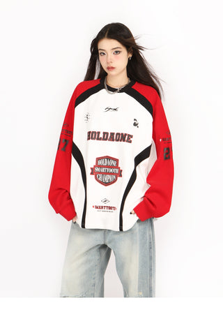 Contrast color drawstring oversized baseball sweatshirt