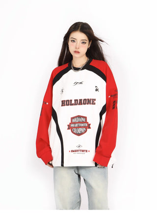 Contrast color drawstring oversized baseball sweatshirt