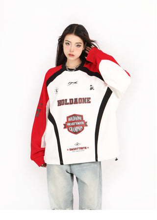 Contrast color drawstring oversized baseball sweatshirt