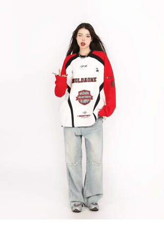 Contrast color drawstring oversized baseball sweatshirt