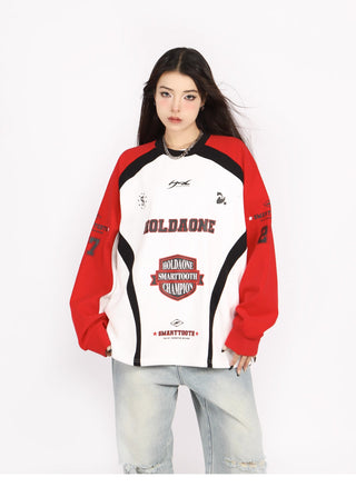 Contrast color drawstring oversized baseball sweatshirt