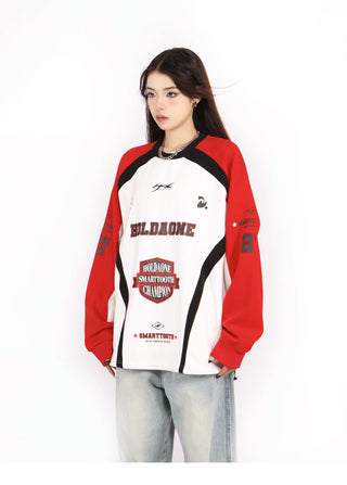 Contrast color drawstring oversized baseball sweatshirt