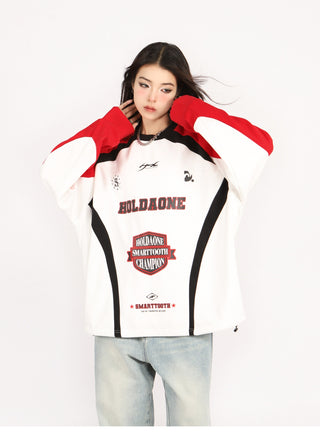Contrast color drawstring oversized baseball sweatshirt