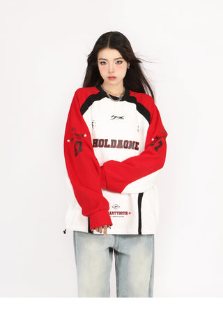 Contrast color drawstring oversized baseball sweatshirt