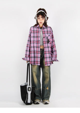 Plaid logo graphic overshirt