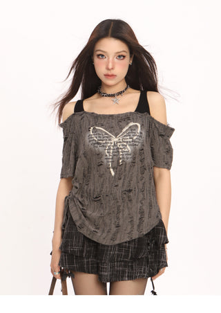 Butterfly fake two-piece drawstring top