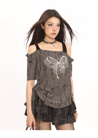 Butterfly fake two-piece drawstring top