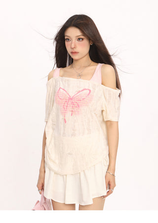 Butterfly fake two-piece drawstring top