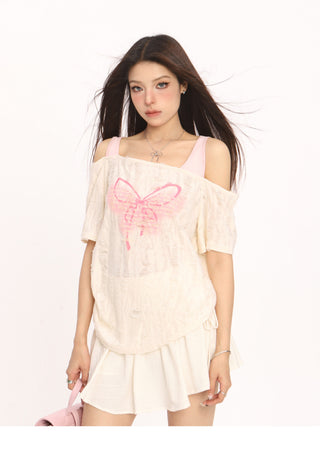 Butterfly fake two-piece drawstring top