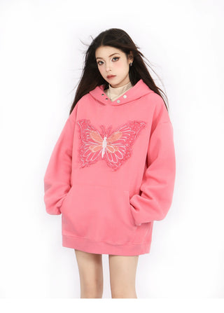 Butterfly embroidered loose hoodie