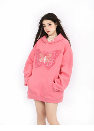 Butterfly embroidered loose hoodie