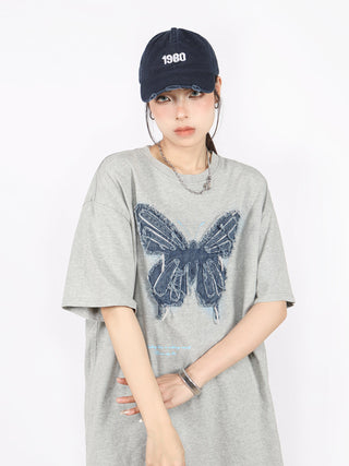 Butterfly embroidery washed oversize top