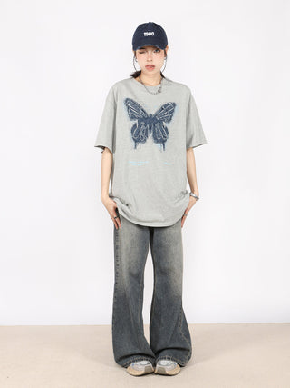 Butterfly embroidery washed oversize top