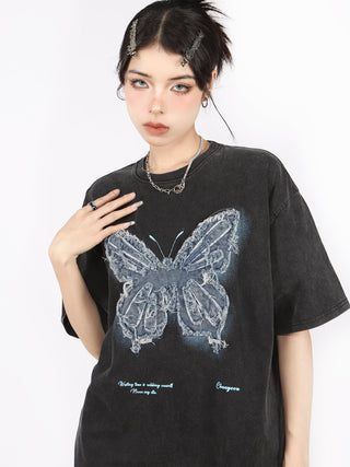 Butterfly embroidery washed oversize top