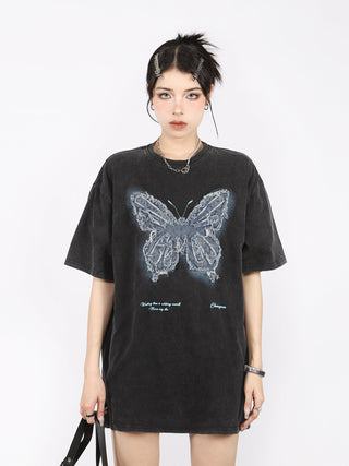 Butterfly embroidery washed oversize top