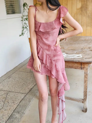 Frilled unbalanced summer sleeveless one-shoulder dress for a vacation resort beach look