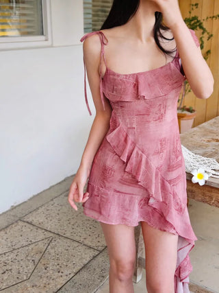 Frilled unbalanced summer sleeveless one-shoulder dress for a vacation resort beach look