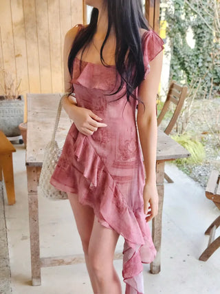 Frilled unbalanced summer sleeveless one-shoulder dress for a vacation resort beach look