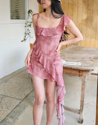 Frilled unbalanced summer sleeveless one-shoulder dress for a vacation resort beach look