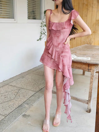 Frilled unbalanced summer sleeveless one-shoulder dress for a vacation resort beach look