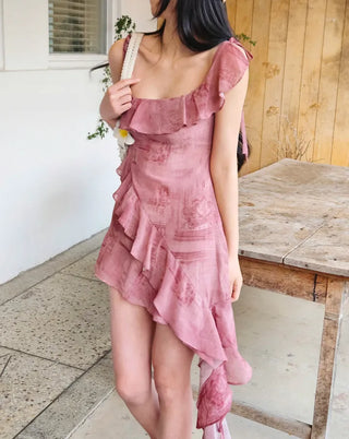 Frilled unbalanced summer sleeveless one-shoulder dress for a vacation resort beach look