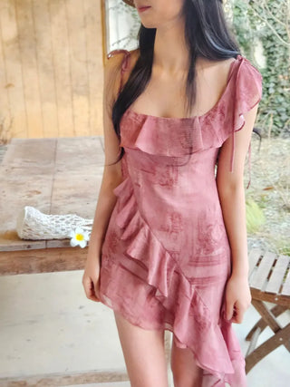 Frilled unbalanced summer sleeveless one-shoulder dress for a vacation resort beach look