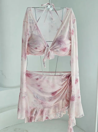 Flower See-Through Piece Bikini with Wire Shirring Skirt and Bolero Set Cover-Up: A Pink Delicate Swimsuit