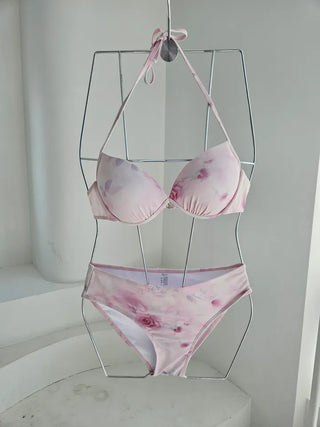 Flower See-Through Piece Bikini with Wire Shirring Skirt and Bolero Set Cover-Up: A Pink Delicate Swimsuit