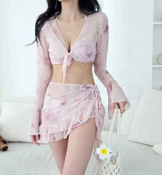 Flower See-Through Piece Bikini with Wire Shirring Skirt and Bolero Set Cover-Up: A Pink Delicate Swimsuit