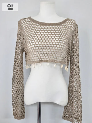 Crop Mesh Knit Cover-Up Piece Bikini Brown Halter Neck Swimsuit Unique Cover-Up Top Swimsuit