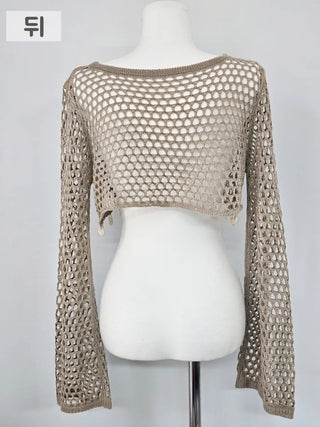 Crop Mesh Knit Cover-Up Piece Bikini Brown Halter Neck Swimsuit Unique Cover-Up Top Swimsuit
