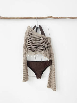 Crop Mesh Knit Cover-Up Piece Bikini Brown Halter Neck Swimsuit Unique Cover-Up Top Swimsuit