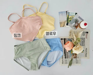 Two-tone V-cut  pastel color strap high-waist piece style top bikini swimsuit
