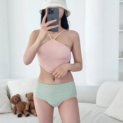 Two-tone V-cut  pastel color strap high-waist piece style top bikini swimsuit