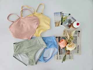 Two-tone V-cut  pastel color strap high-waist piece style top bikini swimsuit