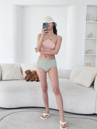Two-tone V-cut  pastel color strap high-waist piece style top bikini swimsuit