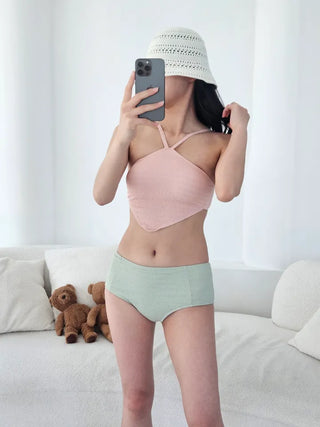 Two-tone V-cut  pastel color strap high-waist piece style top bikini swimsuit
