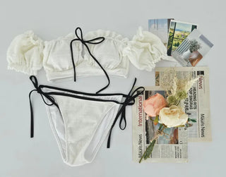 Off-shoulder two-way piece bikini with ribbon strap skirt delicate swimsuit
